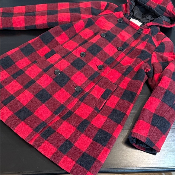 Woman Within fleece Plaid Pea Coat - Red and Black - Picture 1 of 7